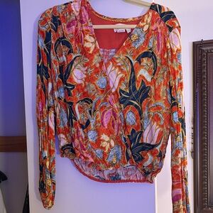 Anthropologie Women's Floral Wrap-Front Blouse in Multi-Color/Orange. Small. EUC